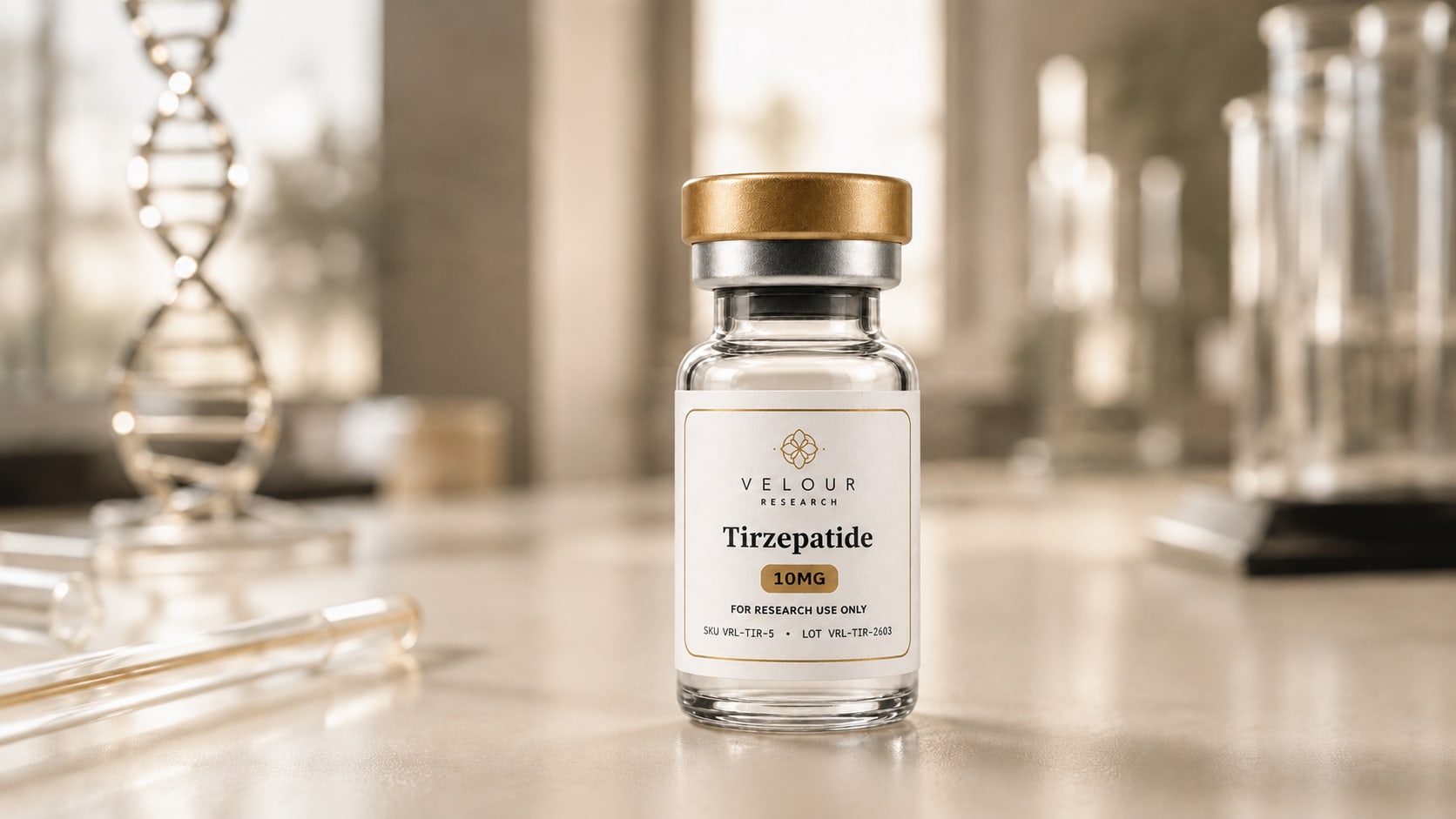 BPC-157 Velour Research vial in the foreground with a DNA helix sculpture in soft focus behind
