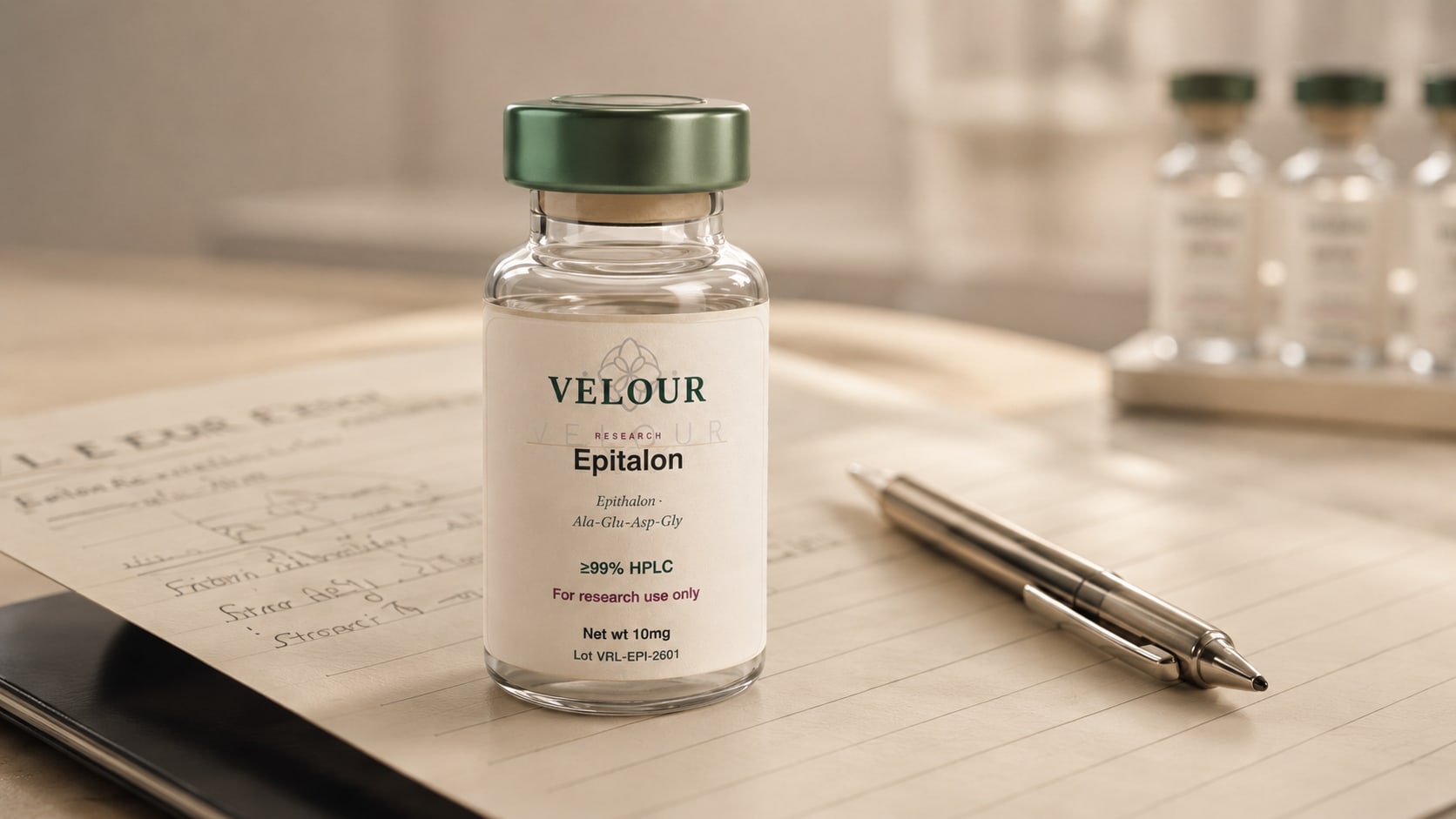 A Velour Research vial beside product paperwork