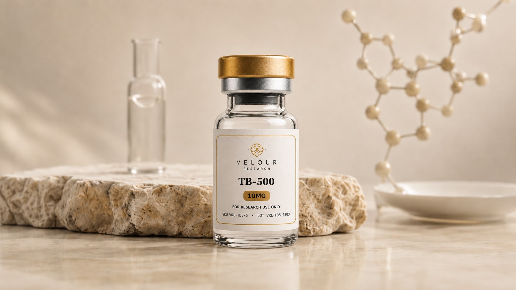 Velour research vial on a sculptural stone surface