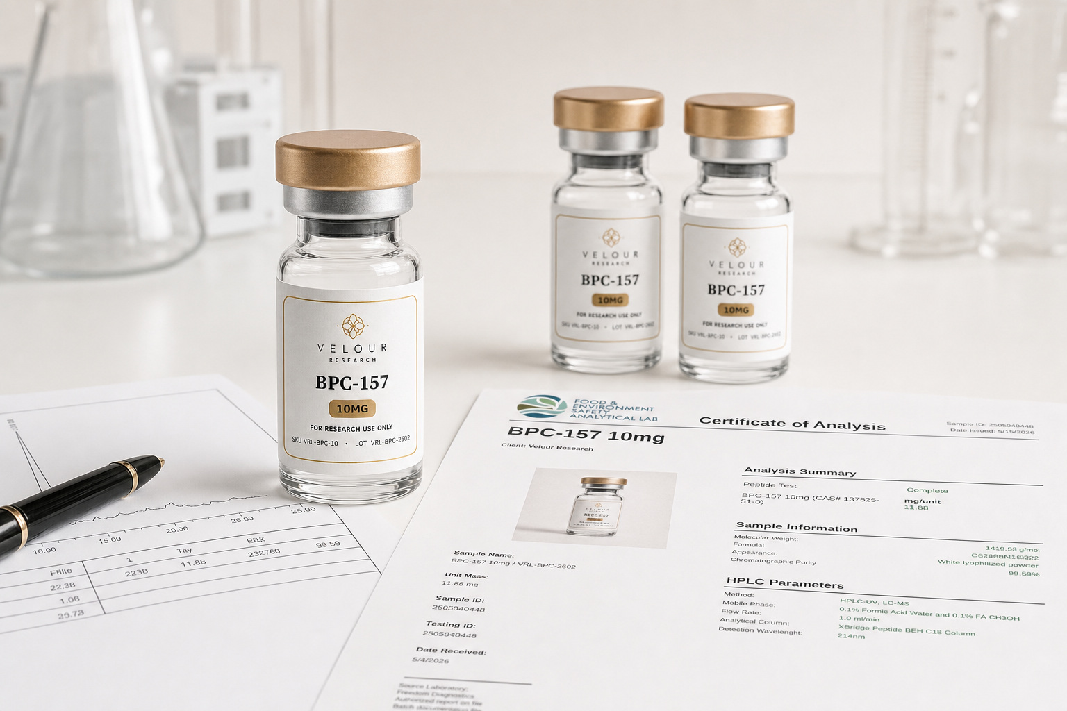 Gold-cap Velour vials alongside analytical documentation